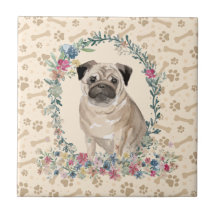 Pug Dog Paw Print Floral Cute Beige