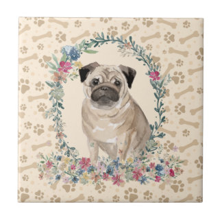 Azulejo Pug Dog Paw Print Floral Cute Beige