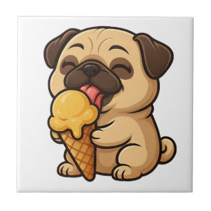 Azulejo Pug feliz con helado dibujo animado de verano