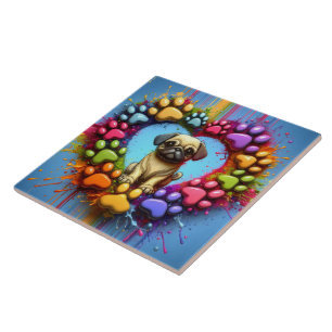 Azulejo Pug juguetón en la impresión colorida del corazón