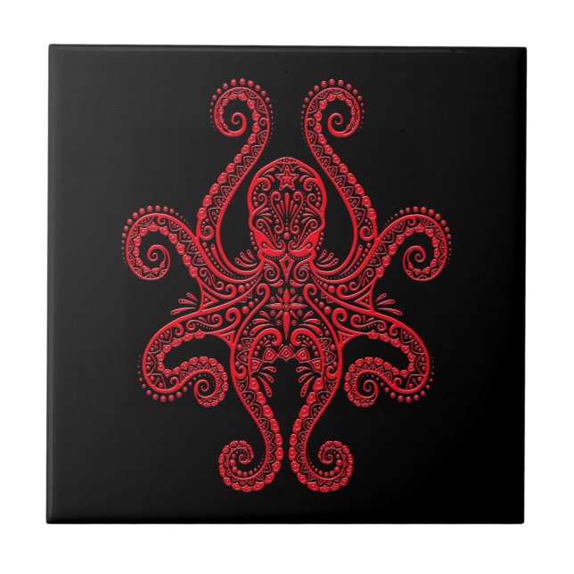 Azulejo Pulpo rojo complejo en negro (Frente)