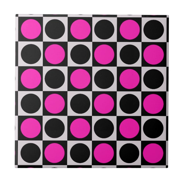 Azulejo Puntos de Polka Geométrica Rosa-Negro Círculo Negr (Frente)