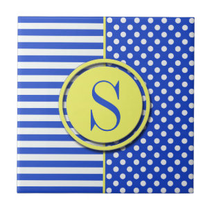 Azulejo Puntos reales de polka azul y franjas monograma ST