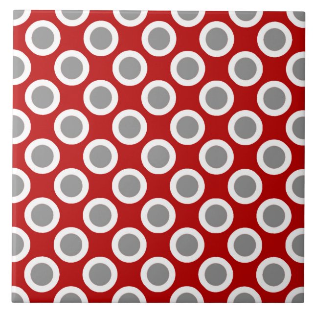 Azulejo Puntos retro en círculo, rojo profundo y gris (Frente)