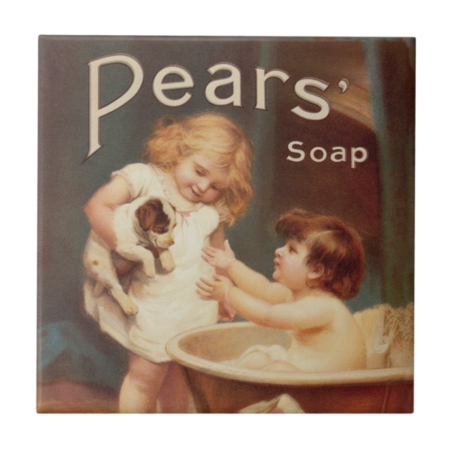 Azulejo Puppy Taking A Bath Vintage Antique (Frente)