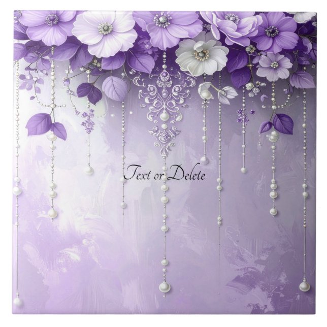 Azulejo Purple Flowers with Dangling Pearls Ceramic Tile (Frente)