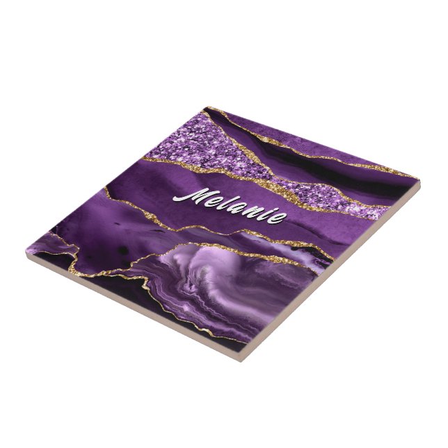 Azulejo  Purple Gold Glitter Ceramic Tile Gift Custom Name (Lado)