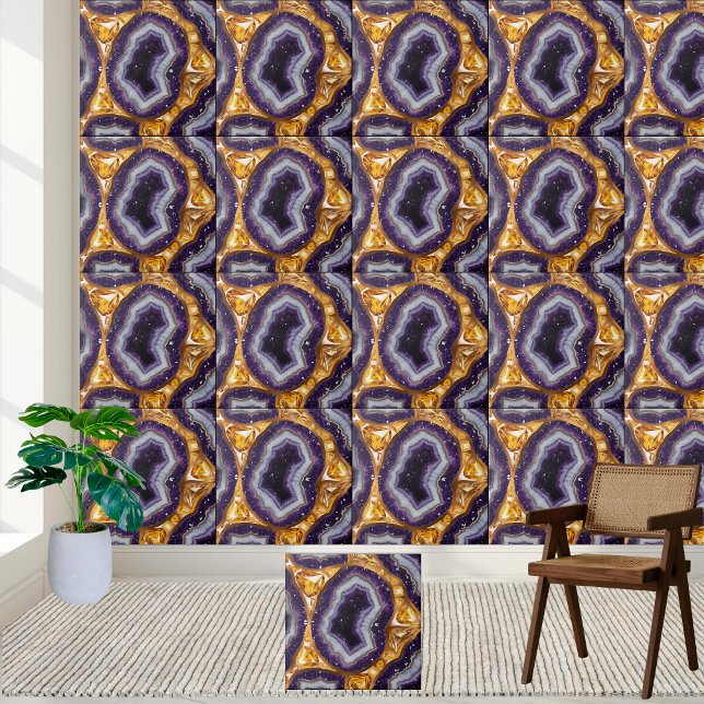 Azulejo Púrpura con mosaico de cristal con acidez de oro (Purple With Gold Amethyst Geode Crystal Tile)