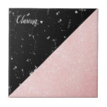 Azulejo Purpurina color de rosa femenino elegante del oro<br><div class="desc">Falso purpurina color de rosa del oro del polluelo y diseño geométrico de mármol negro.</div>