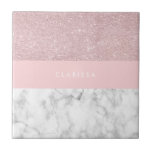 Azulejo Purpurina color de rosa femenino elegante del oro<br><div class="desc">Falso purpurina color de rosa geométrico elegante y elegante del oro,  mármol blanco y bloque rosado del color.</div>