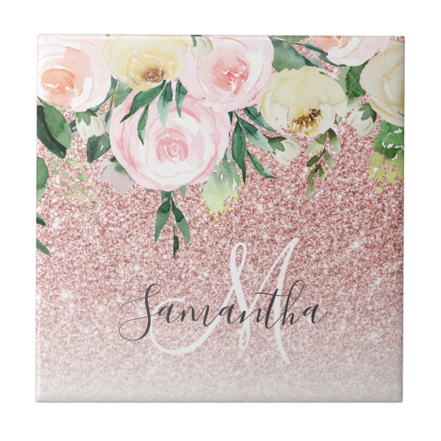Azulejo Purpurina rosa moderno y flores esparcen con nombr (Frente)