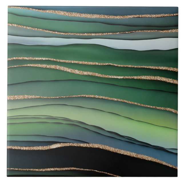 Azulejo Purpurina Verde y Oro Resumen Patrón de Mármol (Frente)