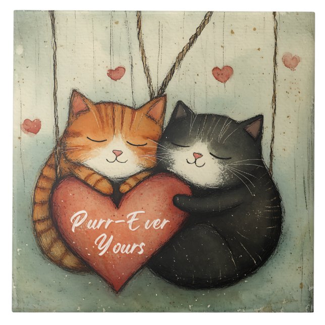 Azulejo Purr-Ever Yours Gato Cucharas Ilustradas (Frente)