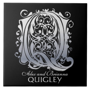 Azulejo Q Monograma "Silver Lace on Black" con el nombre T