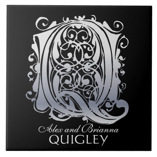 Azulejo Q Monograma "Silver Lace on Black" con el nombre T (Frente)