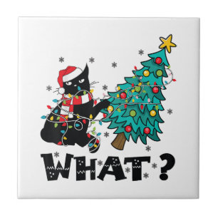 Azulejo QUÉ curioso gato negro que salpica el árbol de Nav