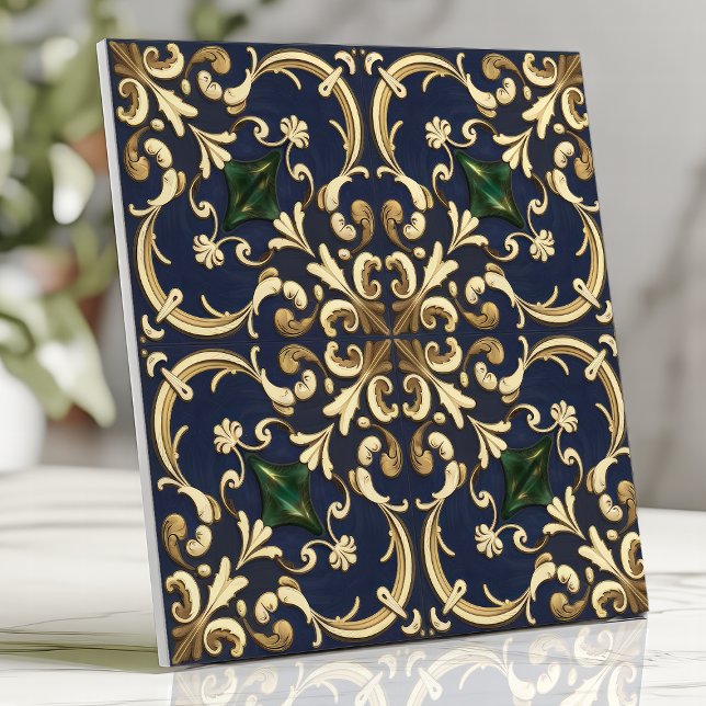 Azulejo Queen Esther Damask Scroll Navy Blue Gold (Subido por el creador)