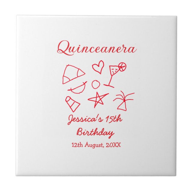 Azulejo Quinceanera 15th birthday red beach party tree sun (Frente)
