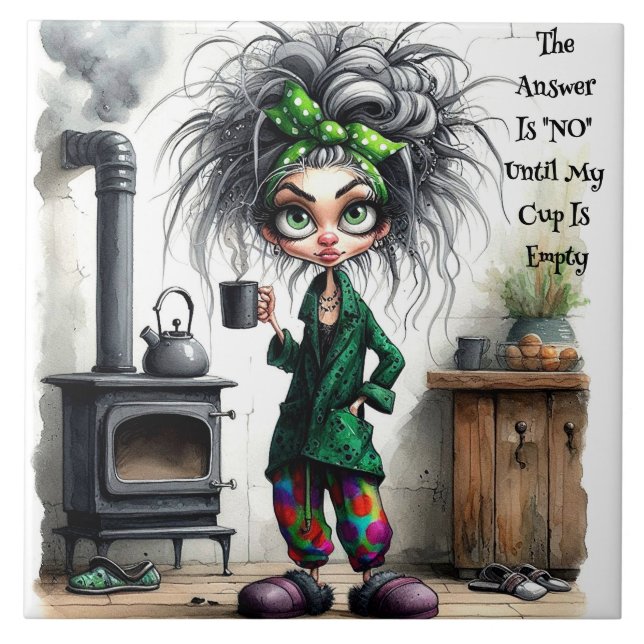 Azulejo Quirky Café Lady Empty Cup Cerámica Tile (Frente)