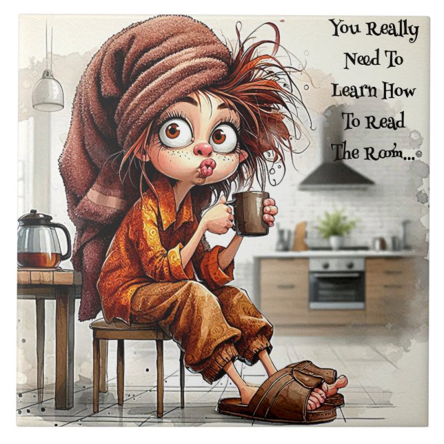 Azulejo Quirky Coffee Lady Leer La Habitación Tile De Cerá (Frente)