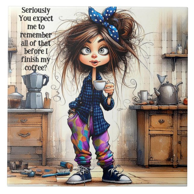 Azulejo Quirky Coffee Lady Seriamente Tile Cerámico (Frente)