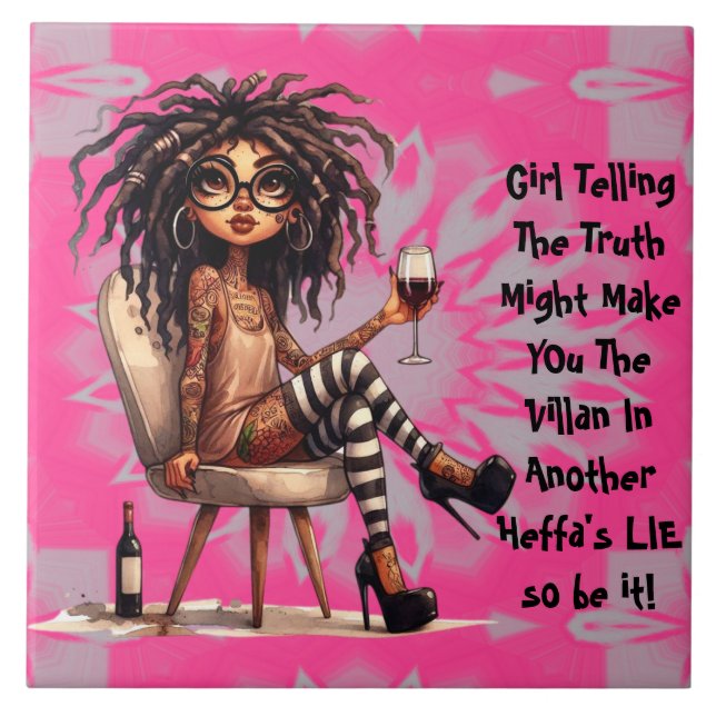 Azulejo Quirky Lady Tattoo & Wine Truth Tile Cerámico (Frente)