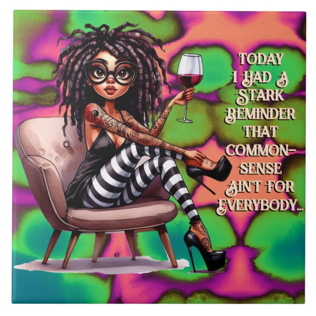 Azulejo Quirky Lady Tattoo y vino Tile cerámico de sentido (Frente)