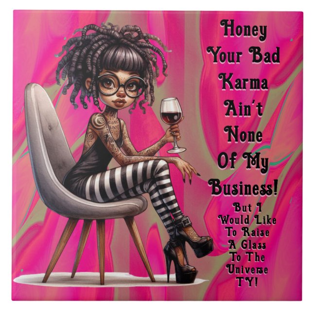 Azulejo Quirky Lady Tattoo y Wine Bad Karma Ceramic Tile (Frente)