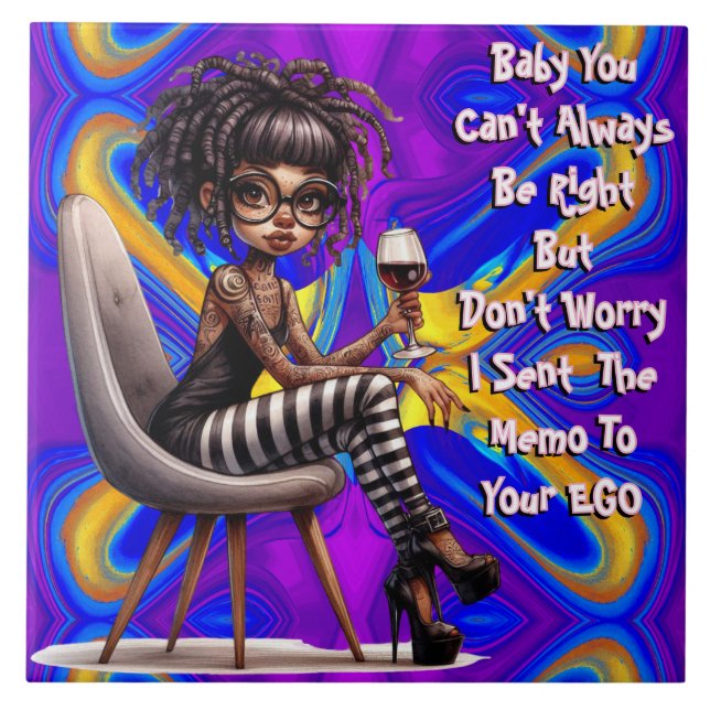 Azulejo Quirky Lady Tattoo y Wine EGO Memo Cerámica Tile (Frente)