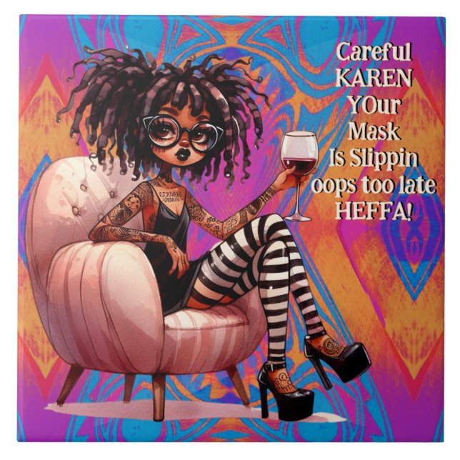 Azulejo Quirky Lady Tattoo y Wine Karen Ceramic Tile (Frente)