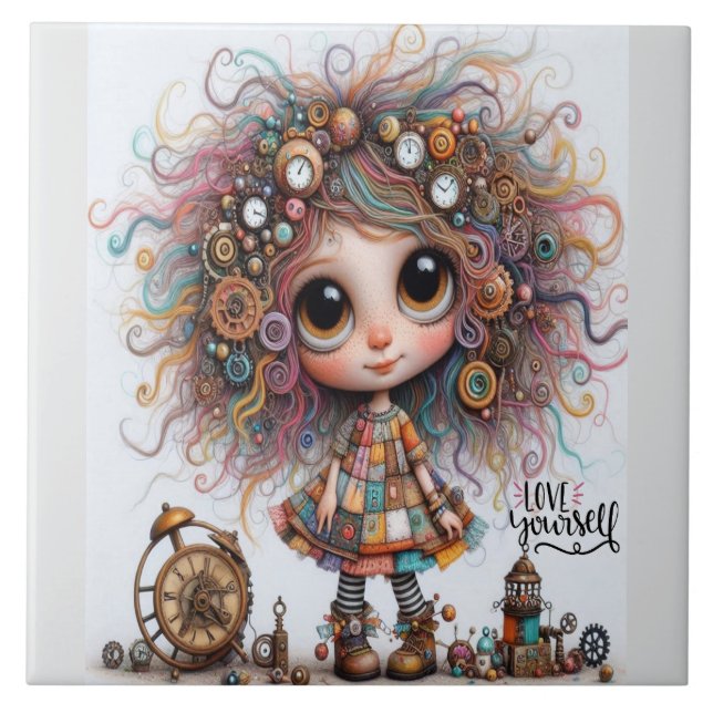 Azulejo Quirky Steampunk Chica Love Ceramic Tile (Frente)