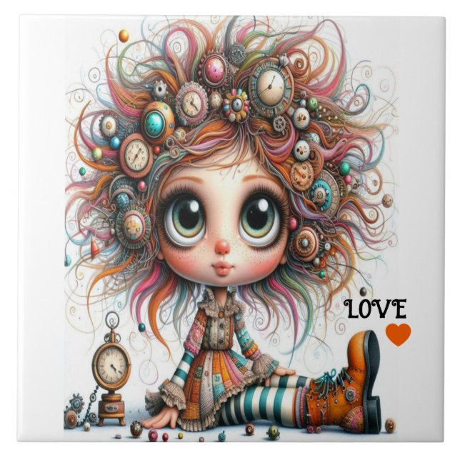 Azulejo Quirky Steampunk Chica LOVE Tile cerámico (Frente)