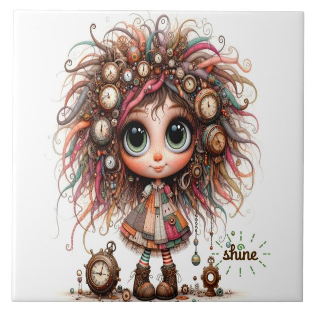 Azulejo Quirky Steampunk Chica Shine Ceramic Tile (Frente)