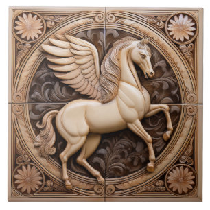 Azulejo R Caballo alado Art Nouveau relieve falso beige