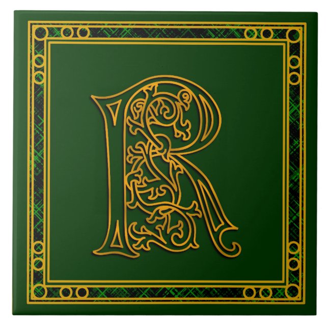 Azulejo R Monograma "Oro irlandés en verde" Tile cerámico (Frente)