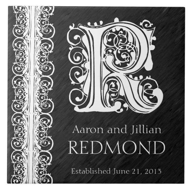 Azulejo R Monograma Tile Boda "White Lace on Black" (Frente)
