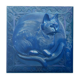 Azulejo R Navy Blue falsa alivio Art Nouveau Cat
