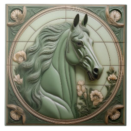 Azulejo R Sage green faux relief Art Nouveau Horse Head