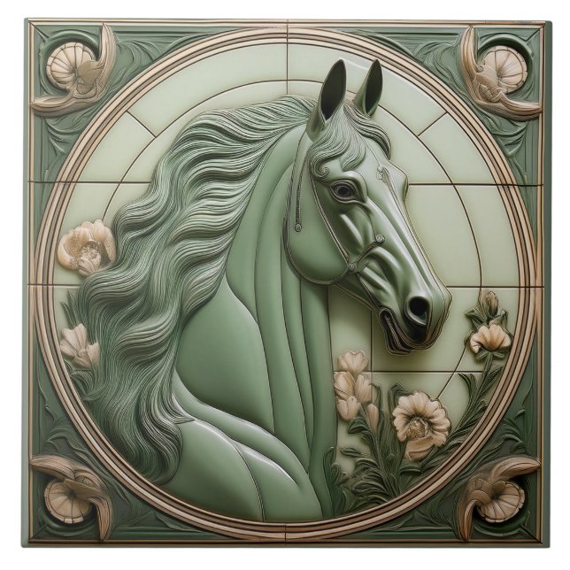 Azulejo R Sage green faux relief Art Nouveau Horse Head (Frente)