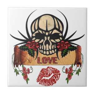 Azulejo RAB Rockabilly Cráneo Rosas Amor Lápiz Labial