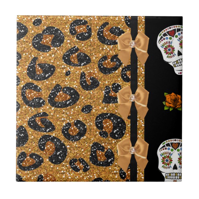 Azulejo RAB Rockabilly Oro Estampado de Leopardo Calaveras (Frente)