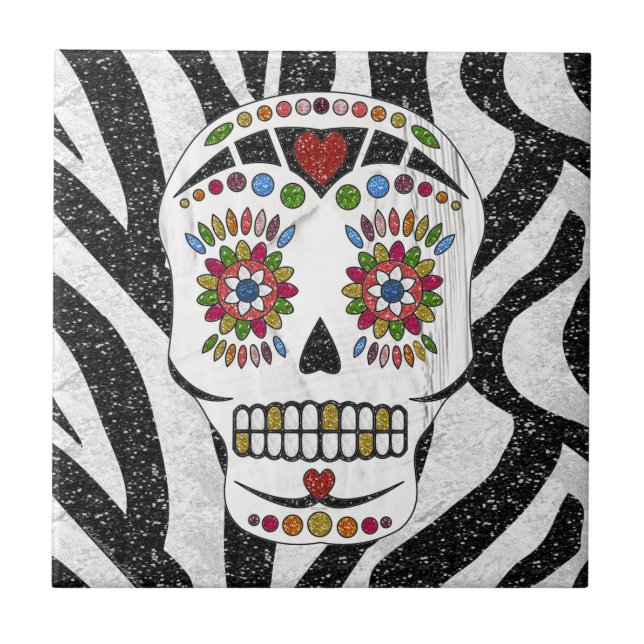 Azulejo RAB Rockabilly Sugar Skull en Estampado de Cebra (Frente)