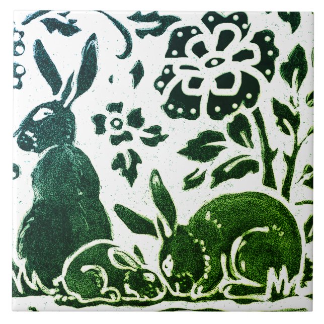 Azulejo Rabbit Batik Floral azul verde moderno (Frente)