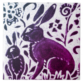 Azulejo Rabbit Batik Modern Purple Blue Floral Woodland