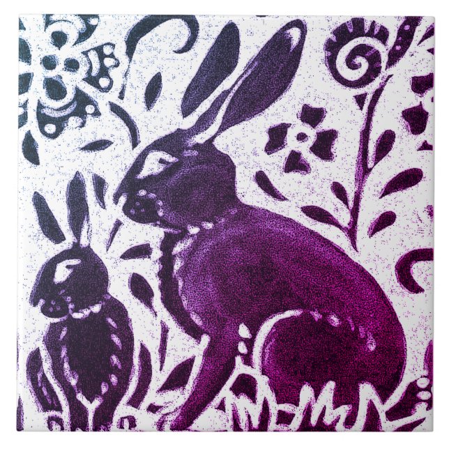 Azulejo Rabbit Batik Modern Purple Blue Floral Woodland (Frente)