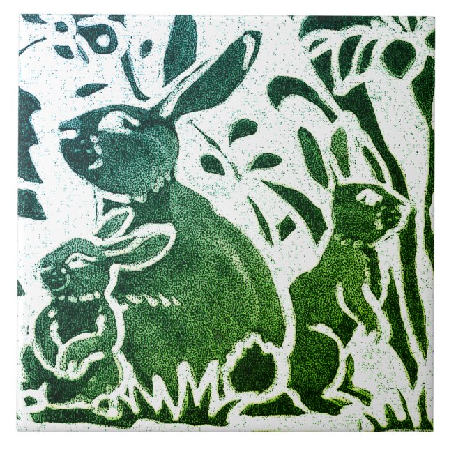 Azulejo Rabbit Batik Moderno Floral Azul Verde Floral Wood (Frente)
