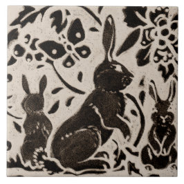 Azulejo Rabbit Batik Stoneware Woodland Animal Tan Gray