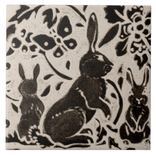 Azulejo Rabbit Batik Stoneware Woodland Animal Tan Gray