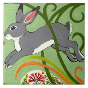 Azulejo Rabbit gris en Green Art Deco Designer Tile Trivet