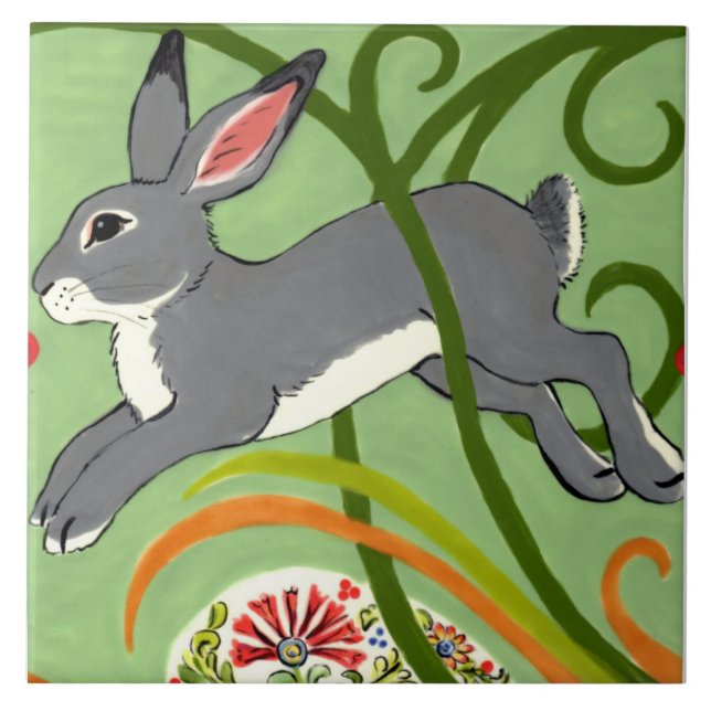 Azulejo Rabbit gris en Green Art Deco Designer Tile Trivet (Frente)